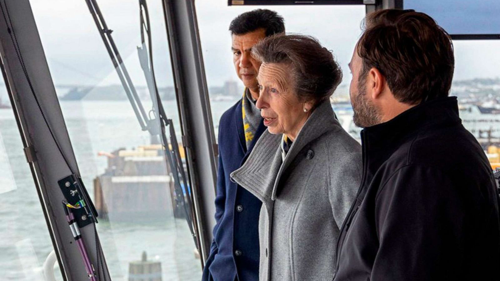 PHOTO: Princess Anne, accompanied by the New York City Department of Transportation Commissioner Ydanis Rodriguez, rides in the pilothouse of the Staten Island Ferry "Sandy Ground," Oct. 4, 2022, in New York City.