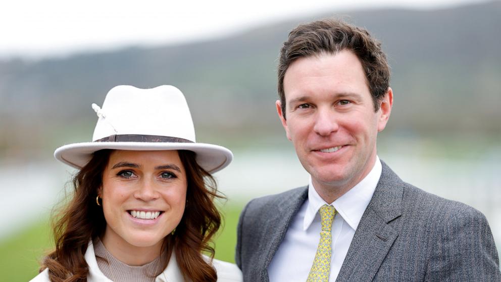 Princess Eugenie and Jack Brooksbank attend day 2 'Style Wednesday' of the Cheltenham Festival on March 13, 2024 in Cheltenham, England.