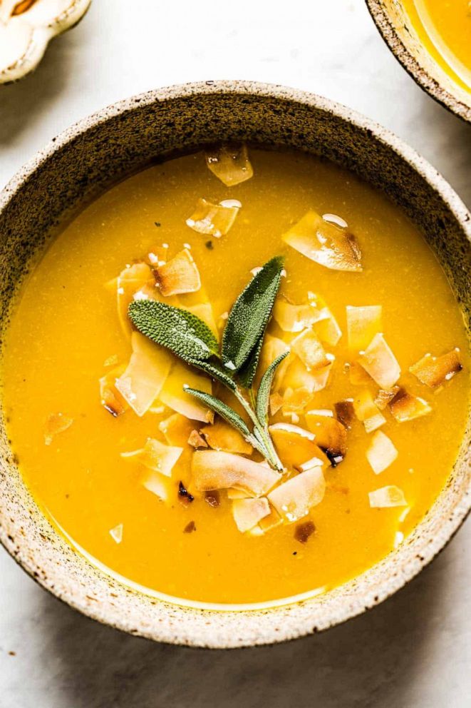 PHOTO: Pumpkin ginger soup topped with sage.