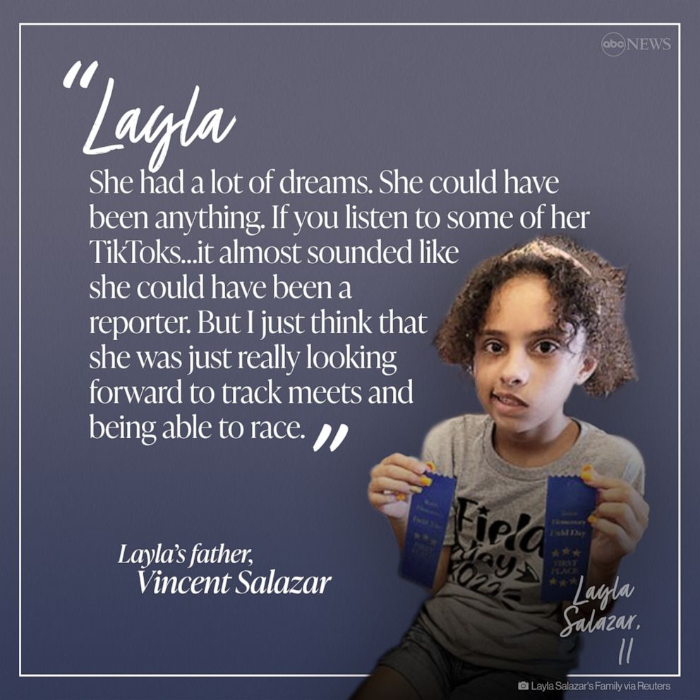 PHOTO: Vincent Salazar on his daughter, Layla Salazar, who was among those killed in the shooting at Robb Elementary School, May 24, 2022, in Uvalde, Texas.
