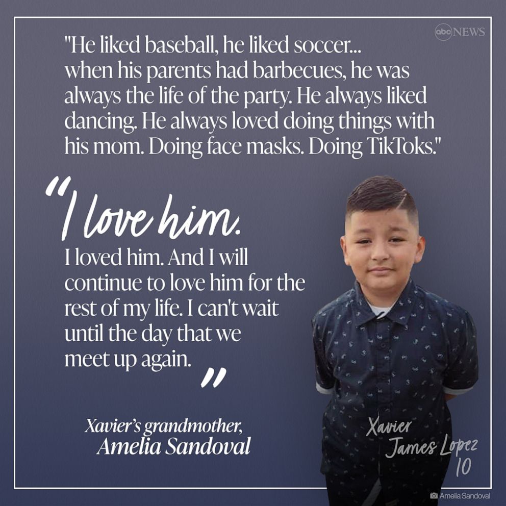 PHOTO: Amelia Sandoval on her grandson, Xavier James Lopez, who was among those killed in the shooting at Robb Elementary School, May 24, 2022, in Uvalde, Texas.