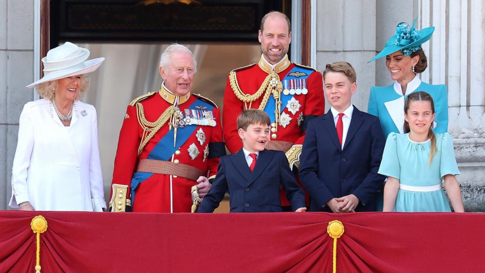 Queen Camilla, King Charles III, Prince Louis of Wales, Prince William, Prince of Wales, Prince George of Wales, Princess Charlotte of Wales and Catherine, Princess of Wales during Trooping The Colour 2025 on June 14, 2025 in London, England. 