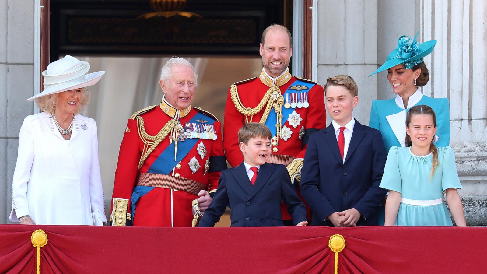 Queen Camilla, King Charles III, Prince Louis of Wales, Prince William, Prince of Wales, Prince George of Wales, Princess Charlotte of Wales and Catherine, Princess of Wales during Trooping The Colour 2025 on June 14, 2025 in London, England.