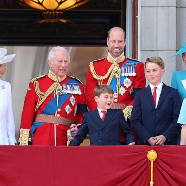 Queen Camilla, King Charles III, Prince Louis of Wales, Prince William, Prince of Wales, Prince George of Wales, Princess Charlotte of Wales and Catherine, Princess of Wales during Trooping The Colour 2025 on June 14, 2025 in London, England. 