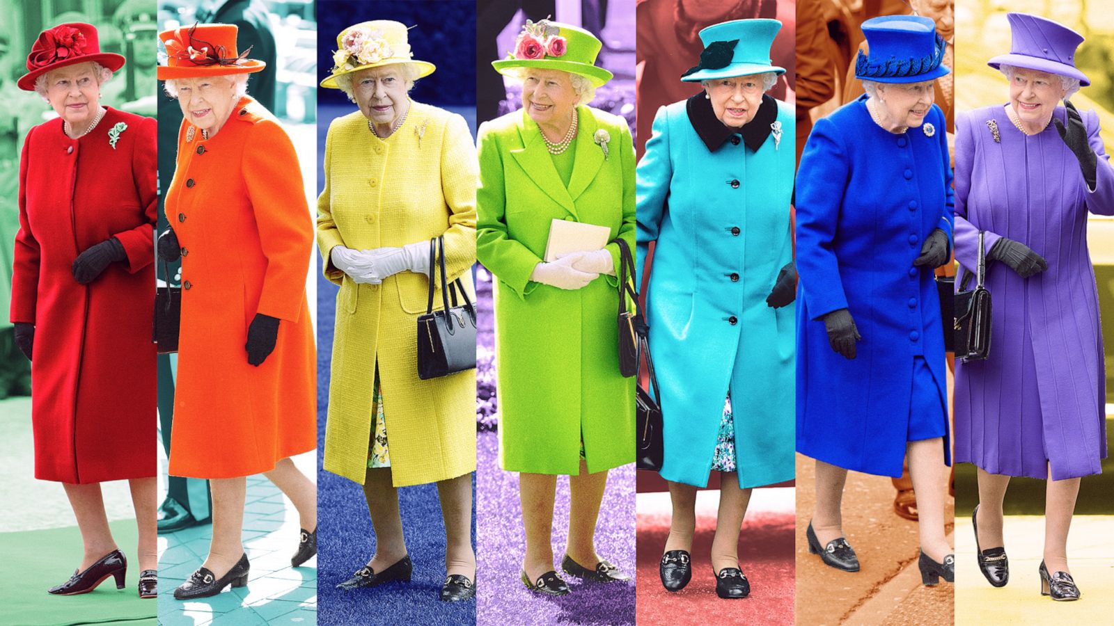 Queen Elizabeth II's rainbow wardrobe: 96-year-old monarch didn't dress to  blend in - Good Morning America