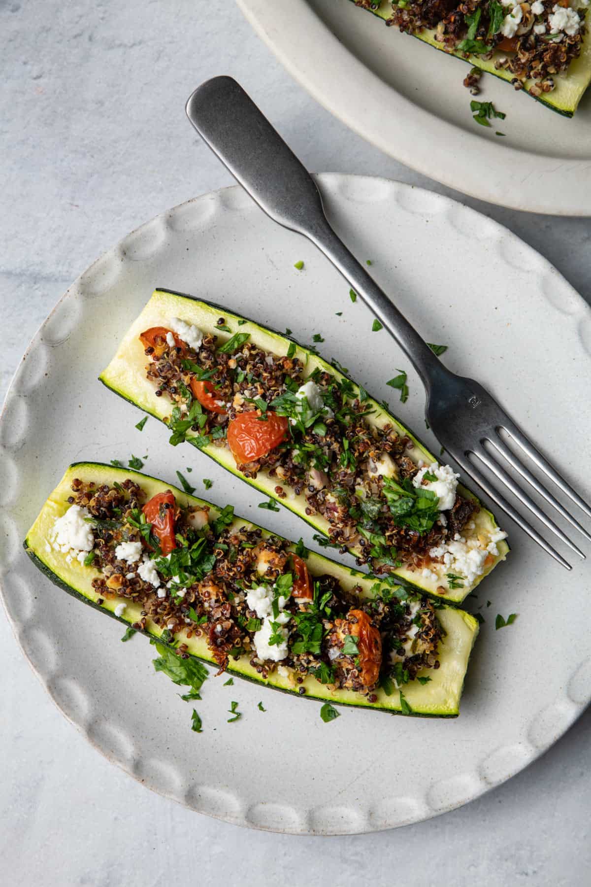 PHOTO: Stuffed zucchini boats with quinoa and veggies.