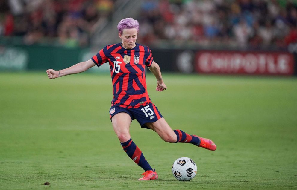 PHOTO: Megan Rapinoe #15 of the United States crosses the ball against Nigeria during a WNT Summer Series game at Q2 Stadium, June 16, 2021, in Austin, Texas. 