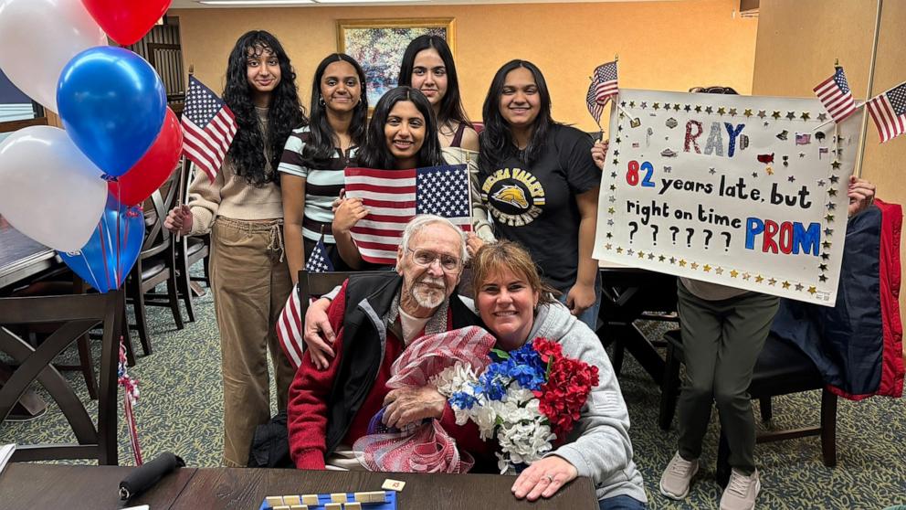 PHOTO: Students at Metea Valley High School in Aurora, Illinois, surprised 100-year-old veteran Ray Svejnoha with a promposal.
