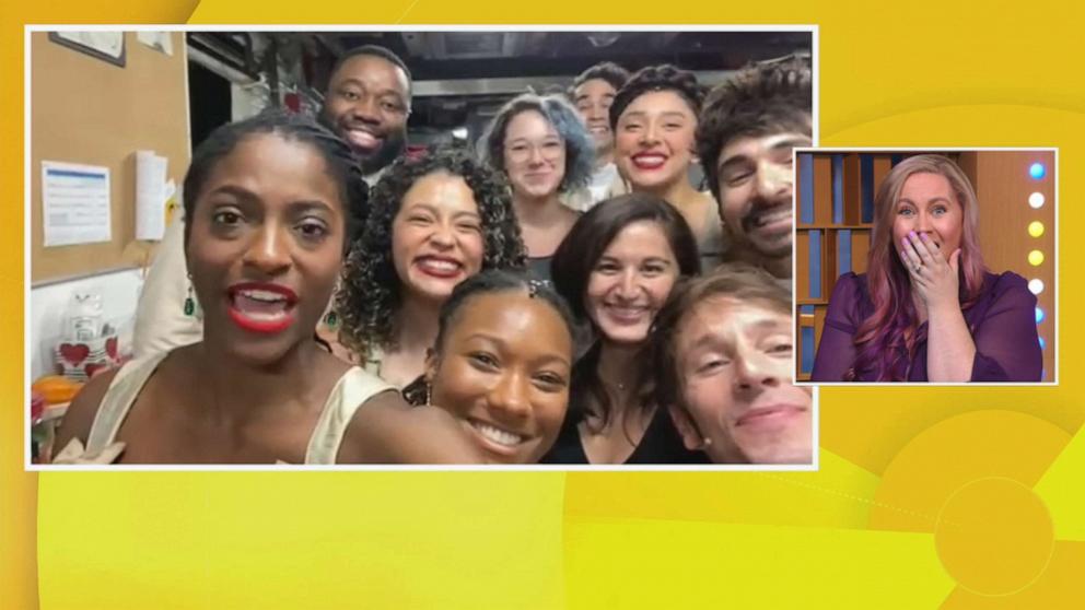 PHOTO: The cast of "Hamilton" on Broadway surprise author Rebecca Yarros with a personalized message ahead of the release of Yarros' book "Iron Flame."