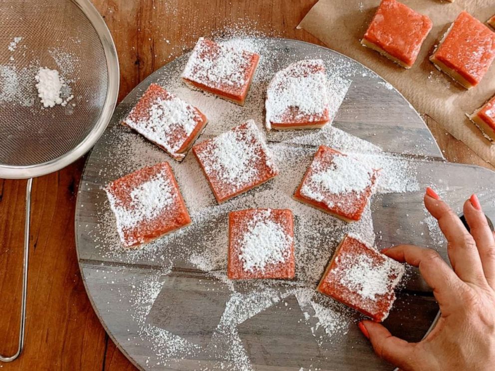 PHOTO: Rhubarb lemon bars dusted with powdered sugar.