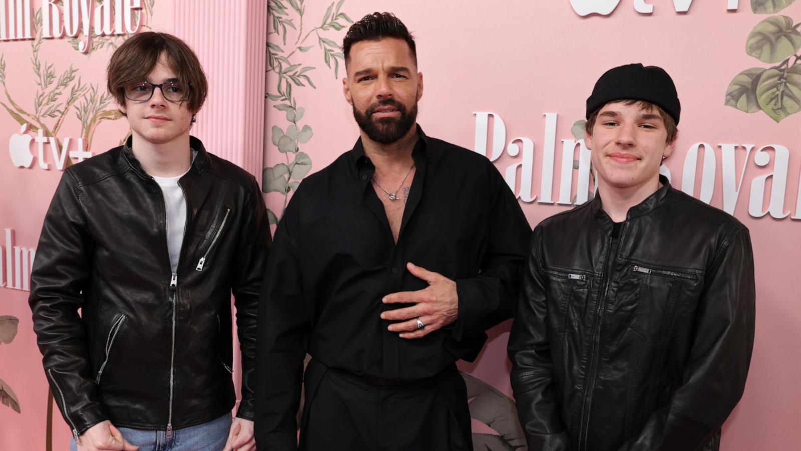 PHOTO: Valentino Martin, Ricky Martin and Matteo Martin attend the world premiere of Apple TV+'s "Palm Royale" at the Samuel Goldwyn Theatre in Beverly Hills, CA, March 14, 2024.