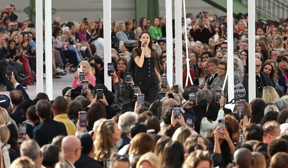 PHOTO: Ambassador for Chanel, Riley Keough speaks on runway during the Chanel Paris Womenswear Spring-Summer 2025 show as part of Paris Fashion Week, Oct. 1, 2024, in Paris.