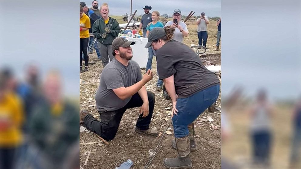 PHOTO: Dakota Hudson popped the question to his girlfriend Lauren Patterson after members of a softball team helped him find the engagement ring following a tornado.