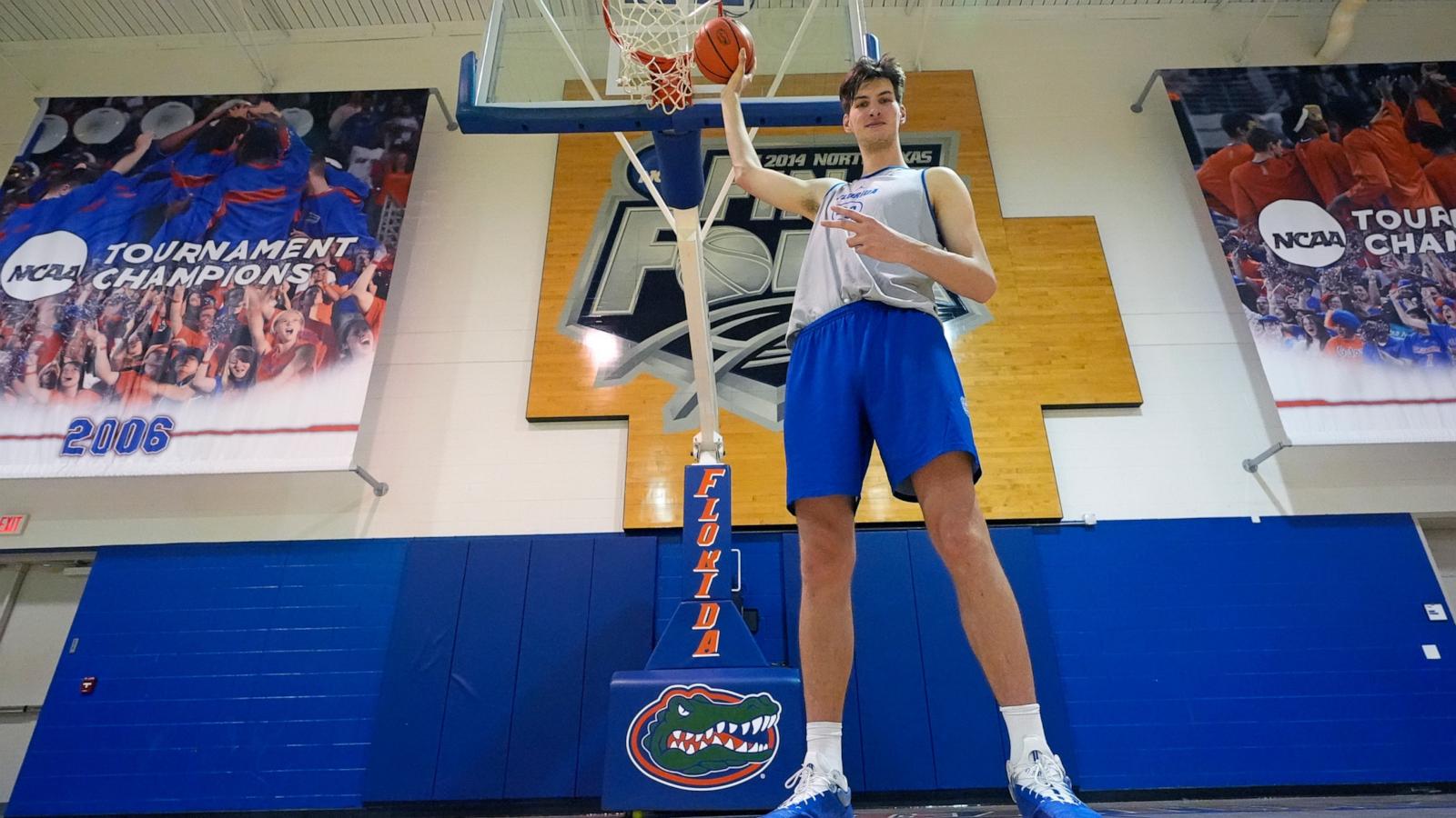 PHOTO: Olivier Rioux, 7-foot-9 NCAA college basketball player at Forida, poses after practice, Oct. 18, 2024 in Gainesville, Fla.