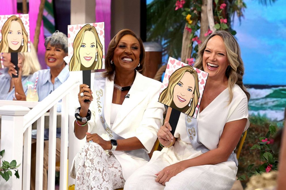 PHOTO: GMA’s “Road to the Ring” celebrates co-anchor Robin Roberts and longtime partner, Amber Laign with a live bachelorette party, Aug. 16, 2023, in New York.