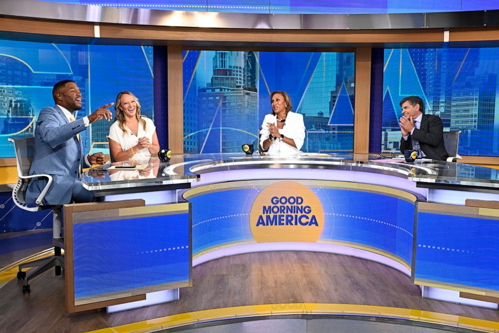 PHOTO: GMA’s “Road to the Ring” celebrates co-anchor Robin Roberts and longtime partner, Amber Laign with a live bachelorette party, Aug. 16, 2023, in New York.