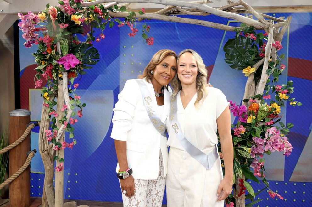 PHOTO: GMA’s “Road to the Ring” celebrates co-anchor Robin Roberts and longtime partner, Amber Laign with a live bachelorette party, Aug. 16, 2023, in New York.