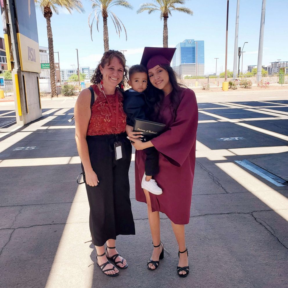 PHOTO: From left to right, Karen Sanderson, Angel, and Odalis Contreras at Odalis' graduation in Arizona on May 21, 2021.