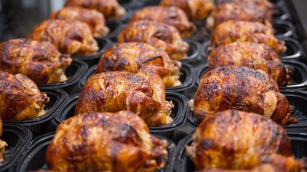 PHOTO: Cooked rotisserie chickens are displayed for sale at a Costco Wholesale Corp. store in San Francisco, Dec. 6, 2011. 