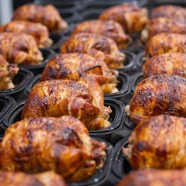 PHOTO: Cooked rotisserie chickens are displayed for sale at a Costco Wholesale Corp. store in San Francisco, Dec. 6, 2011. 