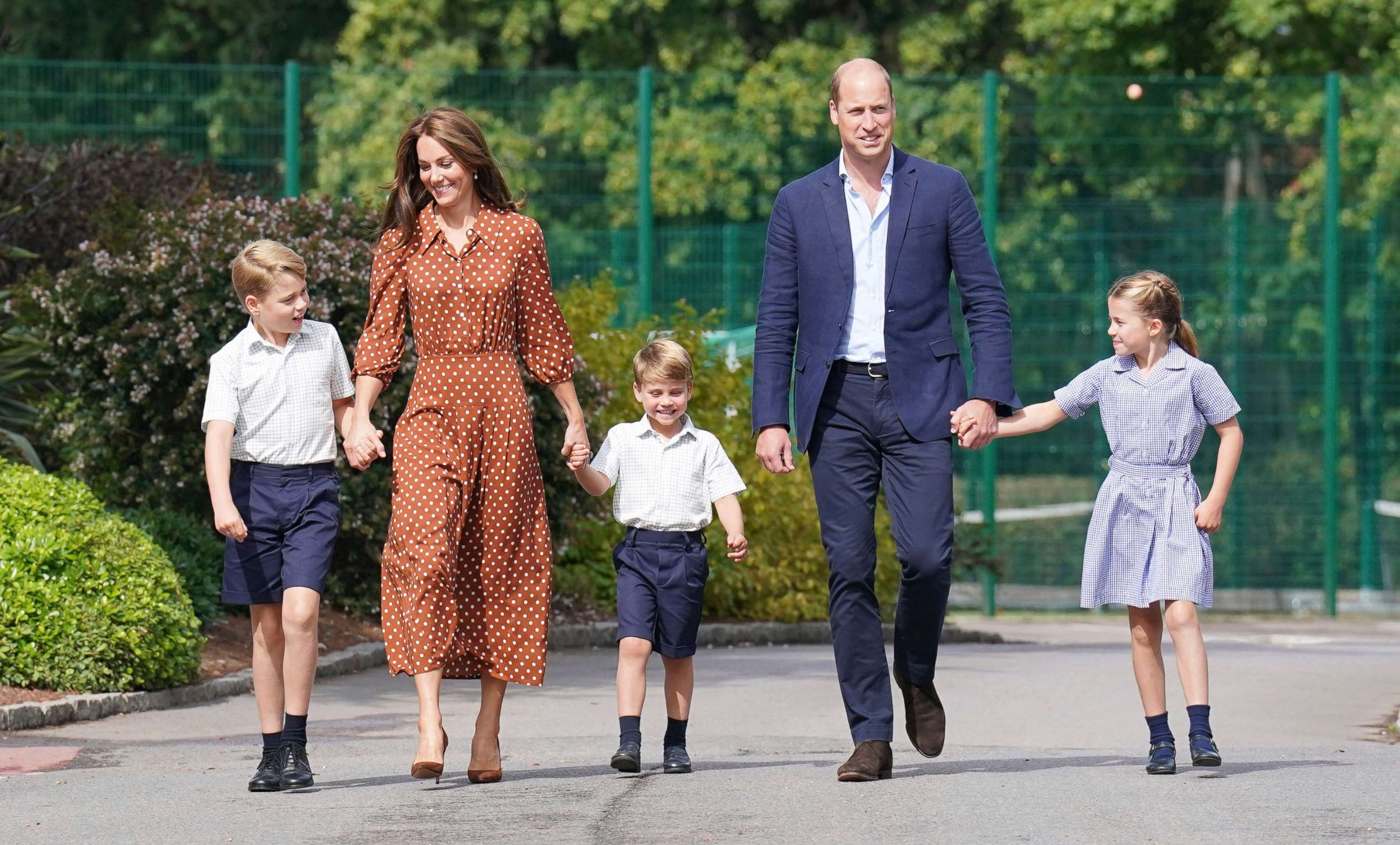 PHOTO: From left, Britain's Prince George, Kate Duchess of Cambridge, Prince Louis, Prince William and Princess Charlotte, arrive for a settling in afternoon at Lambrook School, near Ascot, England, Sept. 7, 2022.