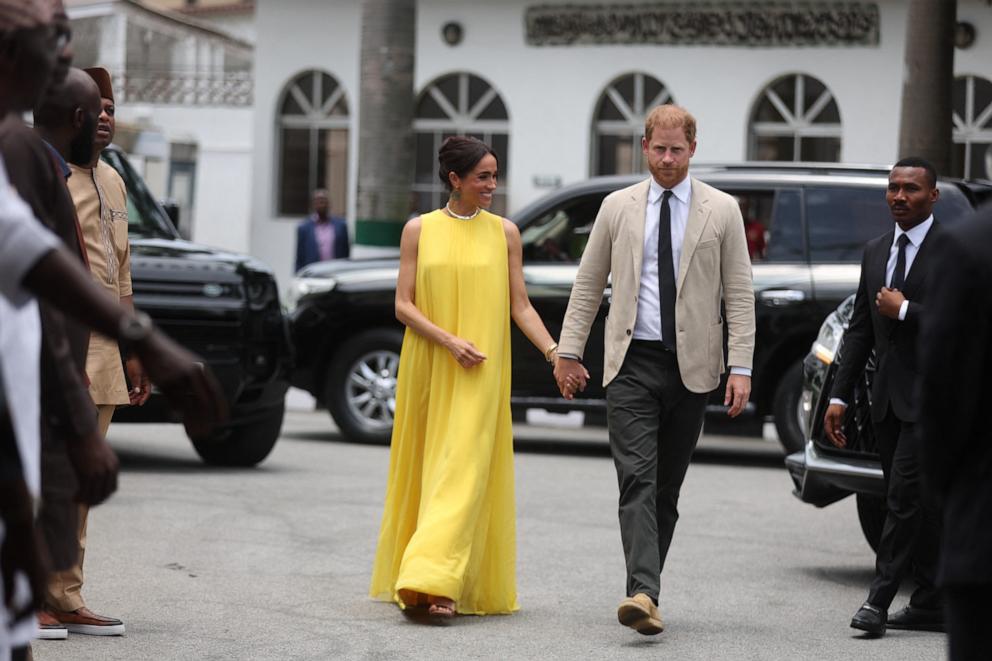 PHOTO: Britain's Meghan, Duchess of Sussex, and Britain's Prince Harry, Duke of Sussex arrive at the State Governor House in Lagos, Nigeria, May 12, 2024.