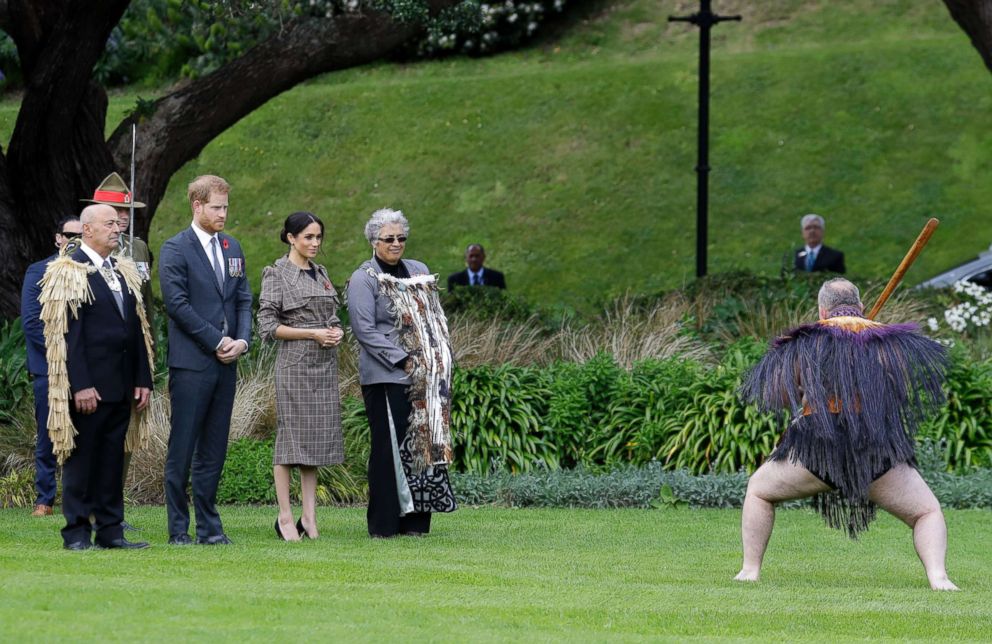 PHOTO: Prince Harry and Meghan, Duchess of Sussex attend the traditional welcome ceremony on the lawns of Government House in Wellington, New Zealand, Oct. 28, 2018.