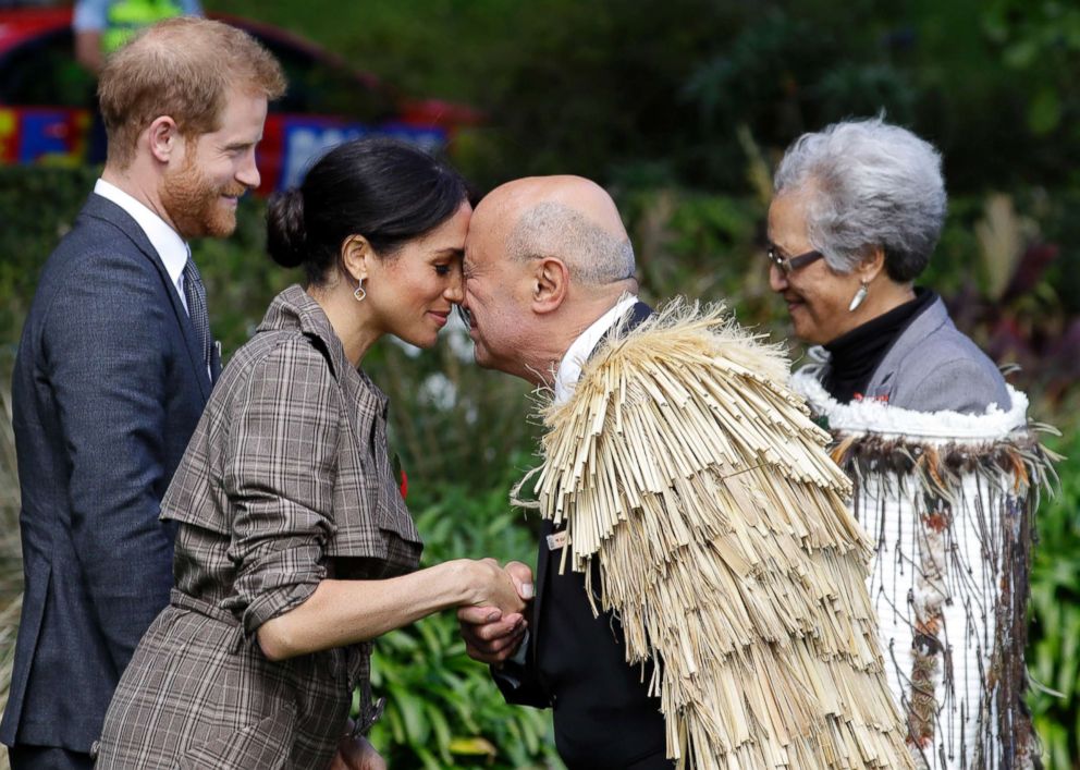 PHOTO: Meghan, Duchess of Sussex receives a "hongi" a traditional Maori welcome on the lawns of Government House in Wellington, New Zealand, Oct. 28, 2018. 