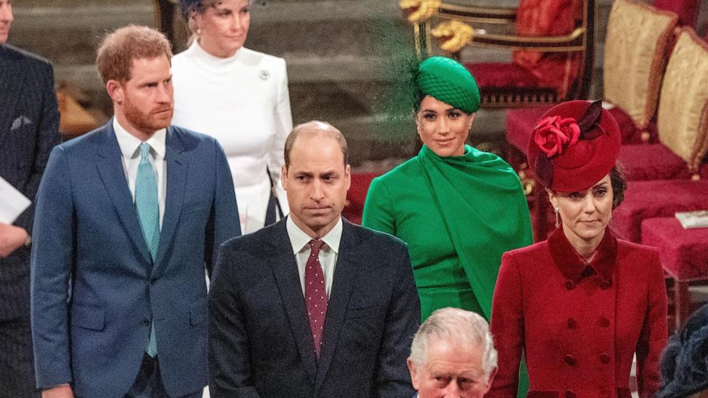 PHOTO: Britain's Prince Harry and Meghan follow Prince William and Catherine as they depart Westminster Abbey after attending the annual Commonwealth Service in London, March 9, 2020. 