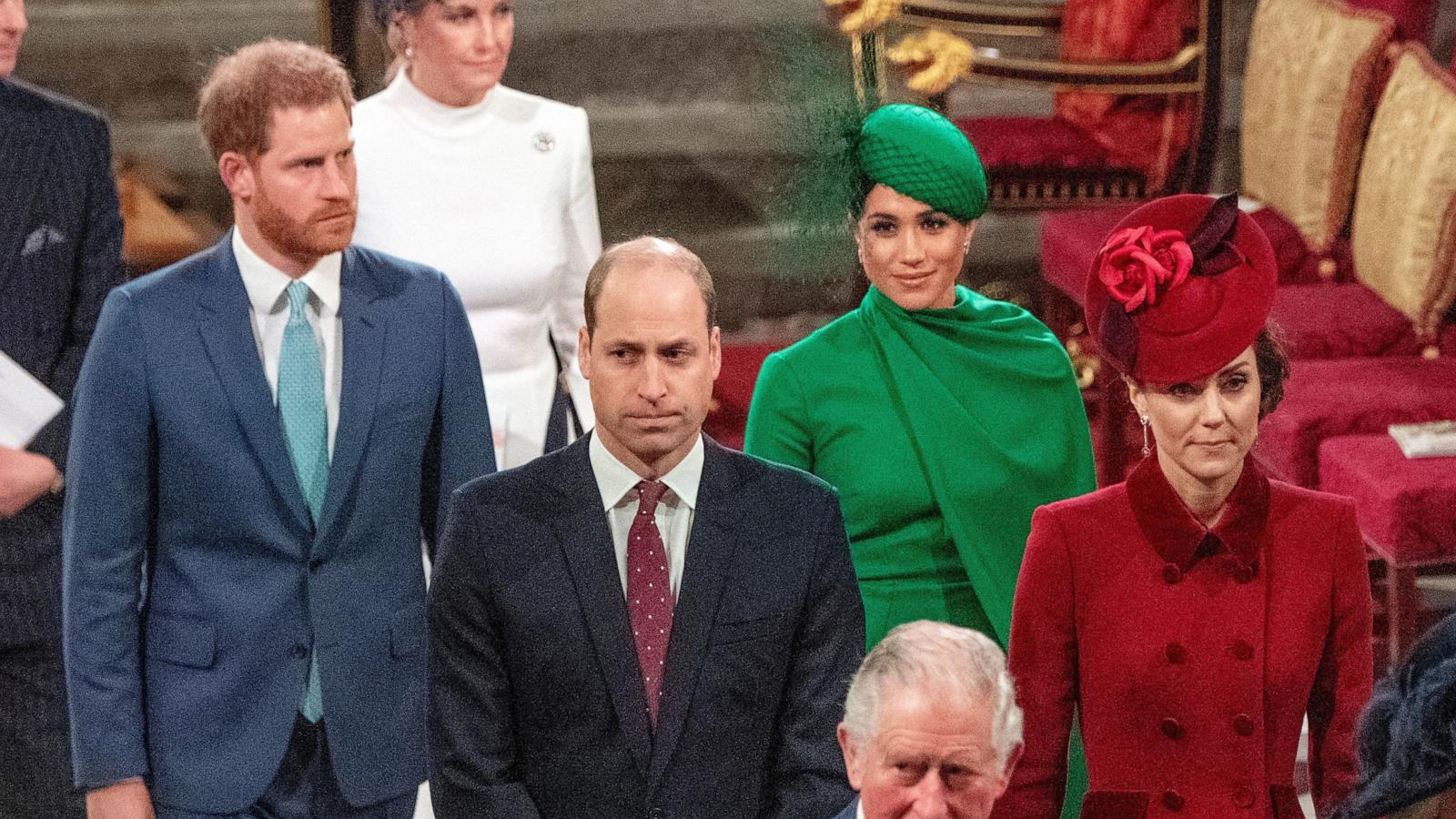 PHOTO: Britain's Prince Harry and Meghan follow Prince William and Catherine as they depart Westminster Abbey after attending the annual Commonwealth Service in London, March 9, 2020.