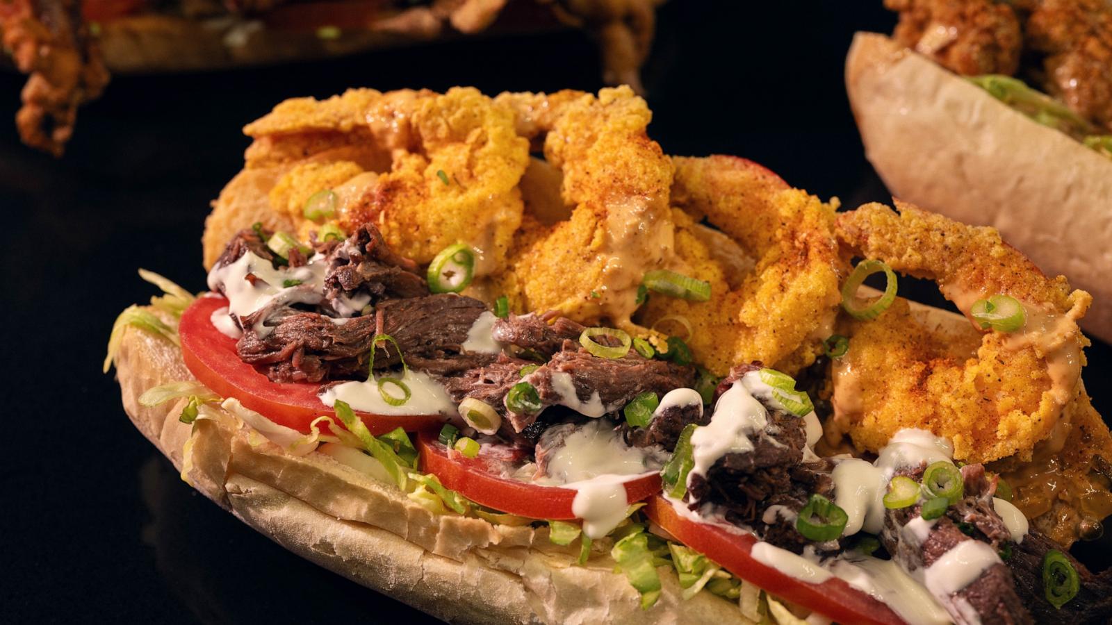 PHOTO: A surf and turf po' boy being served at Super Bowl LIX at Caesars Superdome.