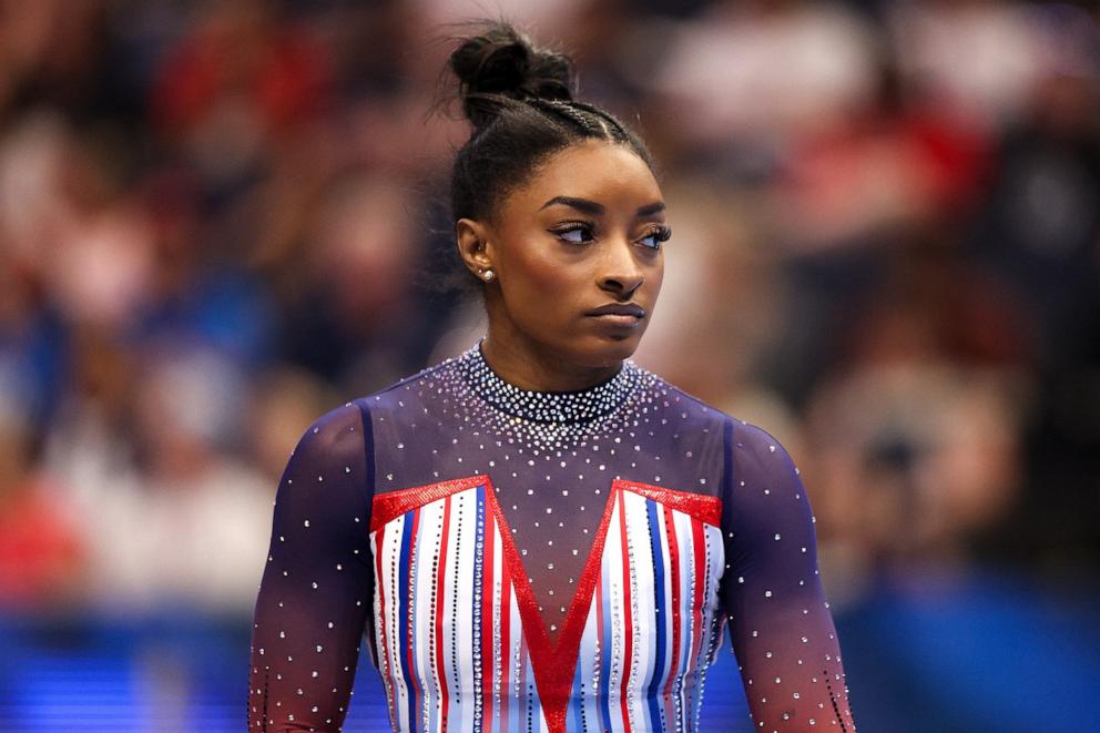 PHOTO: Simone Biles looks on prior to her floor routine during the U.S. Olympic Team Gymnastics Trials at Target Center in Minneapolis, MN, June 30, 2024.