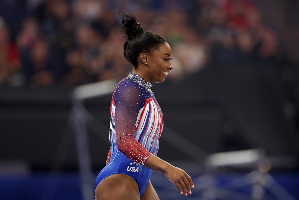 PHOTO: Simone Biles reacts after finishing her routine on the balance beam on Day Four of the 2024 U.S. Olympic Team Gymnastics Trials at Target Center in Minneapolis, MN, June 30, 2024.