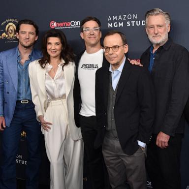 PHOTO: Actors Lewis Pullman, Daphne Zuniga, director Josh Greenbaum, actors Rick Moranis, Bill Pullman and Josh Gad promote the upcoming film "Spaceballs: The New One" during the Amazon MGM Studios photo call during CinemaCon on April 15, 2026.