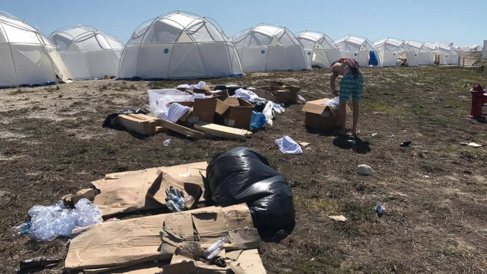 PHOTO: A general view from the Fyre Festival in the Bahamas shows a trashy campsite with temporary shelters, April 28, 2017.