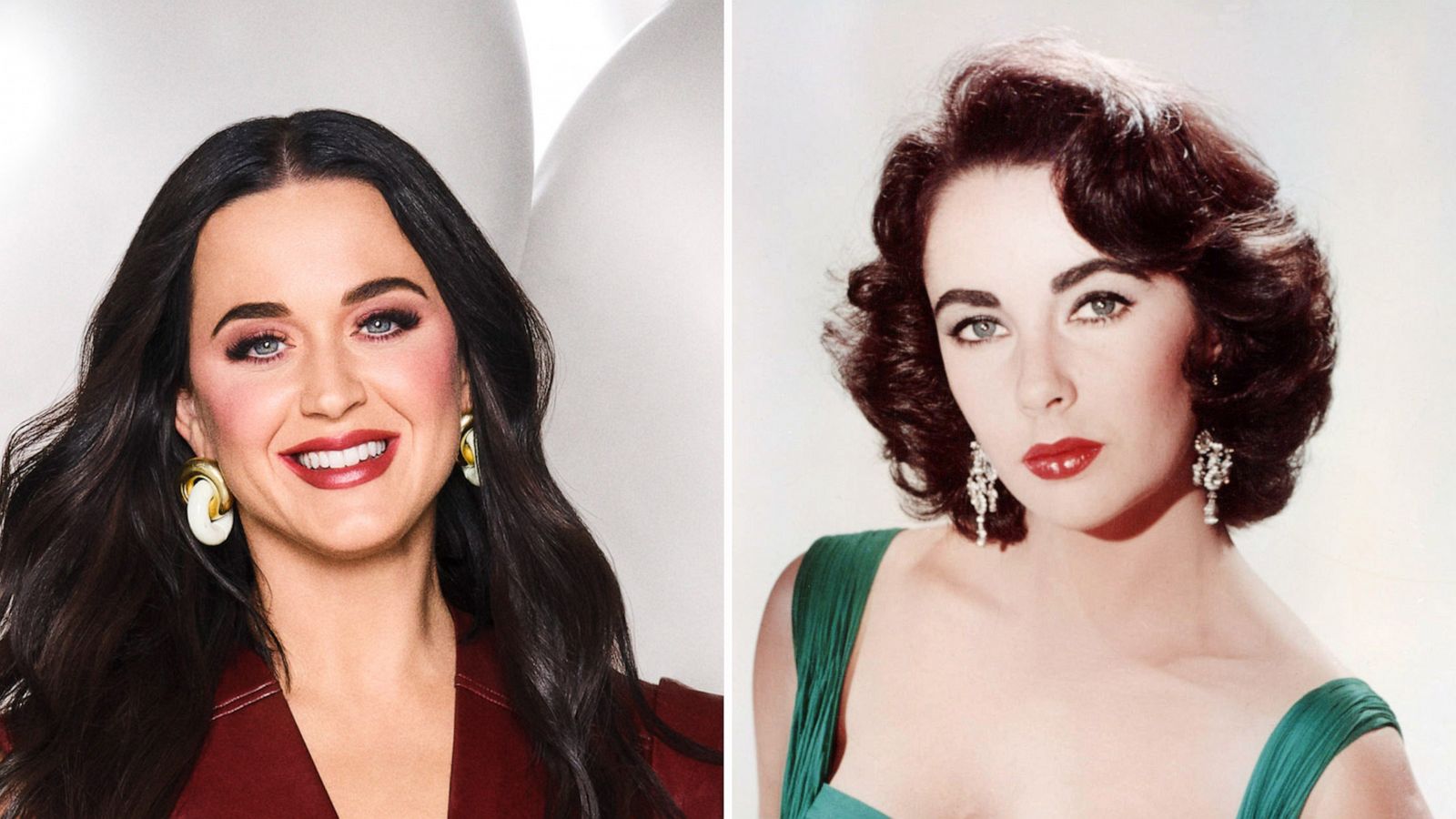 PHOTO: Katy Perry star in ABCs American Idol, Dec., 2021; Elizabeth Taylor poses for a portrait, circa 1950.