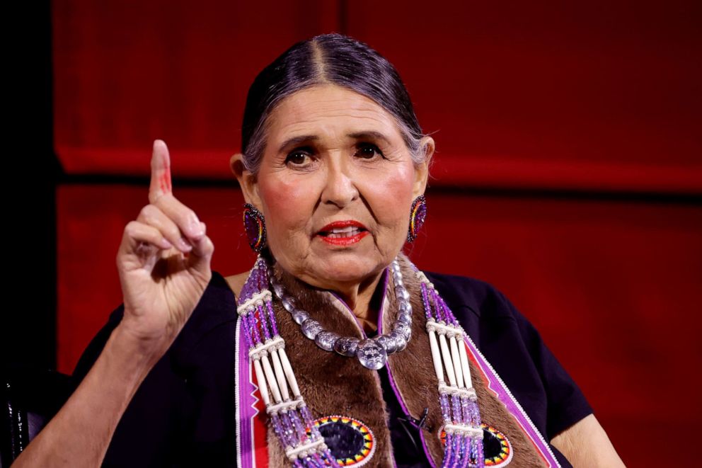 PHOTO: Sacheen Littlefeather speaks during the event, AMPAS Presents An Evening with Sacheen Littlefeather at the Academy Museum of Motion Pictures on Sept. 17, 2022 in Los Angeles.