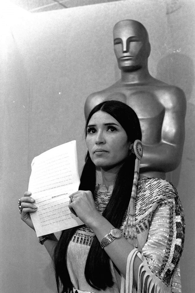 PHOTO: Sacheen Littlefeather, holds up her speech after declining on behalf of Marlon Brando, the Oscar for Best Actor, for his role in "The Godfather" at the Academy Awards, Mar. 27, 1973, in Los Angeles.