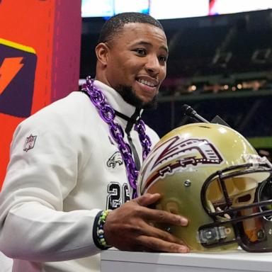 PHOTO: Philadelphia Eagles running back Saquon Barkley participates during Super Bowl 59 Opening Night,, Feb. 3, 2025, in New Orleans.