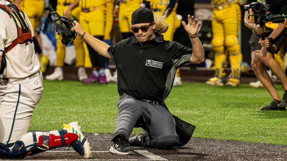PHOTO: Umpire Sawyer Sparks, 18, went viral for his energetic calls and plays and was invited to ump for the Savannah Bananas during a home game on June 5, 2026.