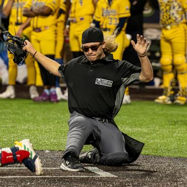 PHOTO: Umpire Sawyer Sparks, 18, went viral for his energetic calls and plays and was invited to ump for the Savannah Bananas during a home game on June 5, 2026.