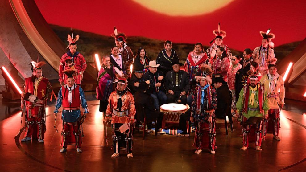 PHOTO: Scott George performs alongside other Osage singers and dancers onstage during the 96th Annual Academy Awards in Hollywood, CA, March 10, 2024. 