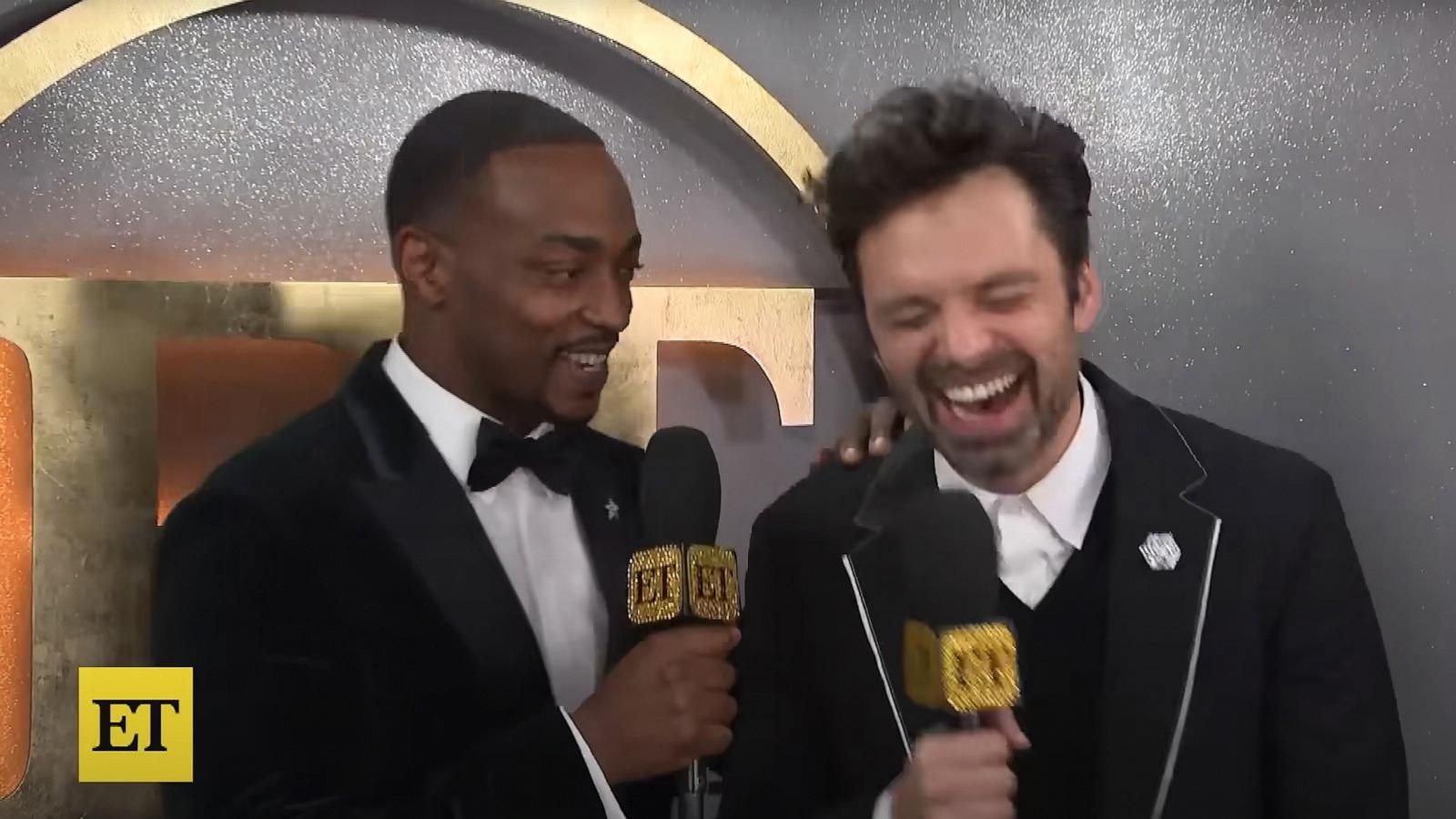 PHOTO: Sebastian Stan (L) winner for Best Performance by a Male Actor in a Motion Picture Musical or Comedy award for "A Different Man is congratulated by Anthony Mackie at the 82nd Golden Globe Awards in Beverly Hills, Calif. Jan. 5, 2025.