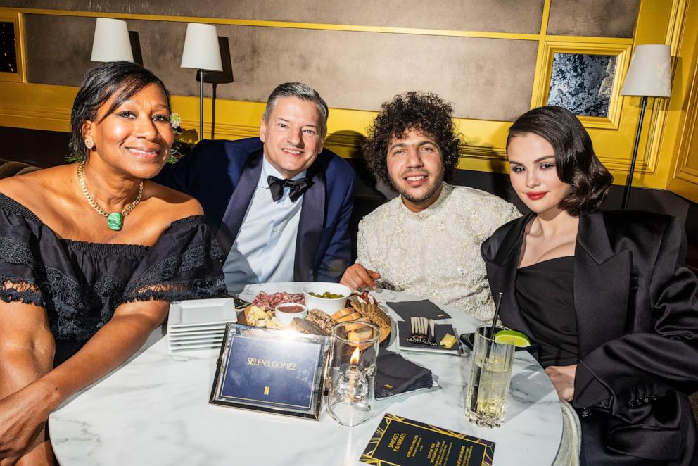 PHOTO: Nicole Avant, Ted Sarandos, Co-CEO, Netflix, Benny Blanco and Selena Gomez attend Netflix's Golden Globe Afterparty 2025 at Spago in Beverly Hills, Calif., Jan. 05, 2025.