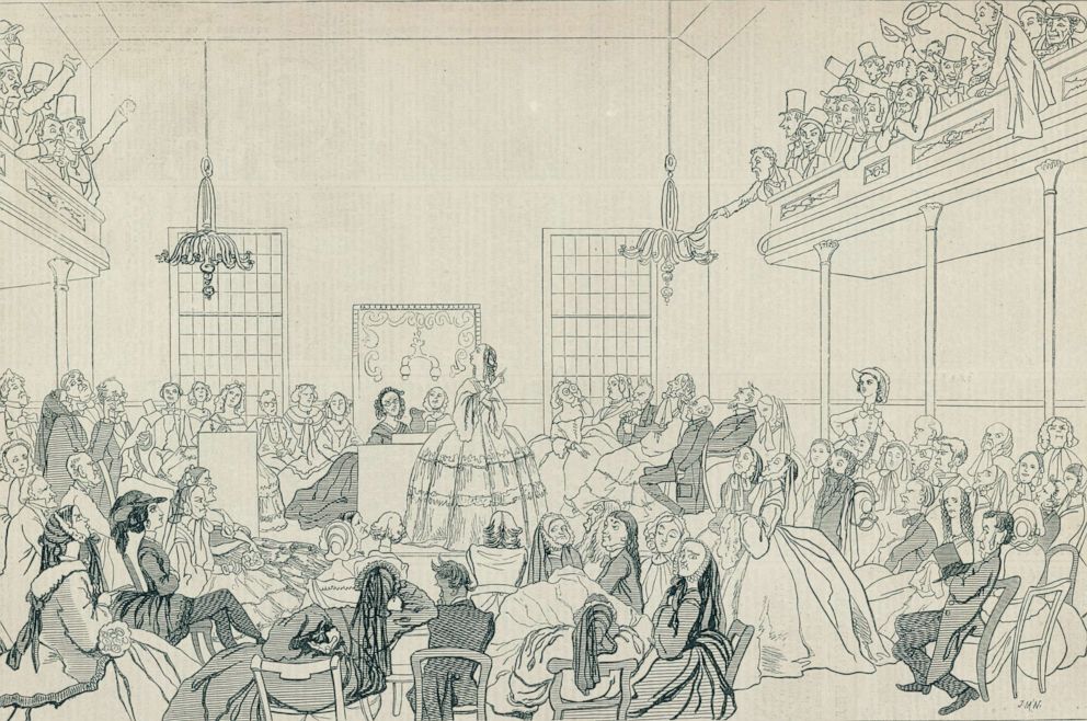 PHOTO: A satirical illustration from Harper's Weekly depicts men heckling from the balconies while a woman speaks at the Seneca Falls convention in Seneca Falls, N.Y., June, 1859.