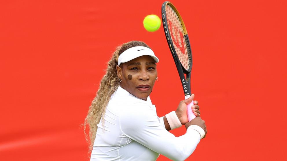 Serena Williams of the United States plays a backhand during a practice session ahead of the HSBC Championships on June 07, 2026 in London, England. 