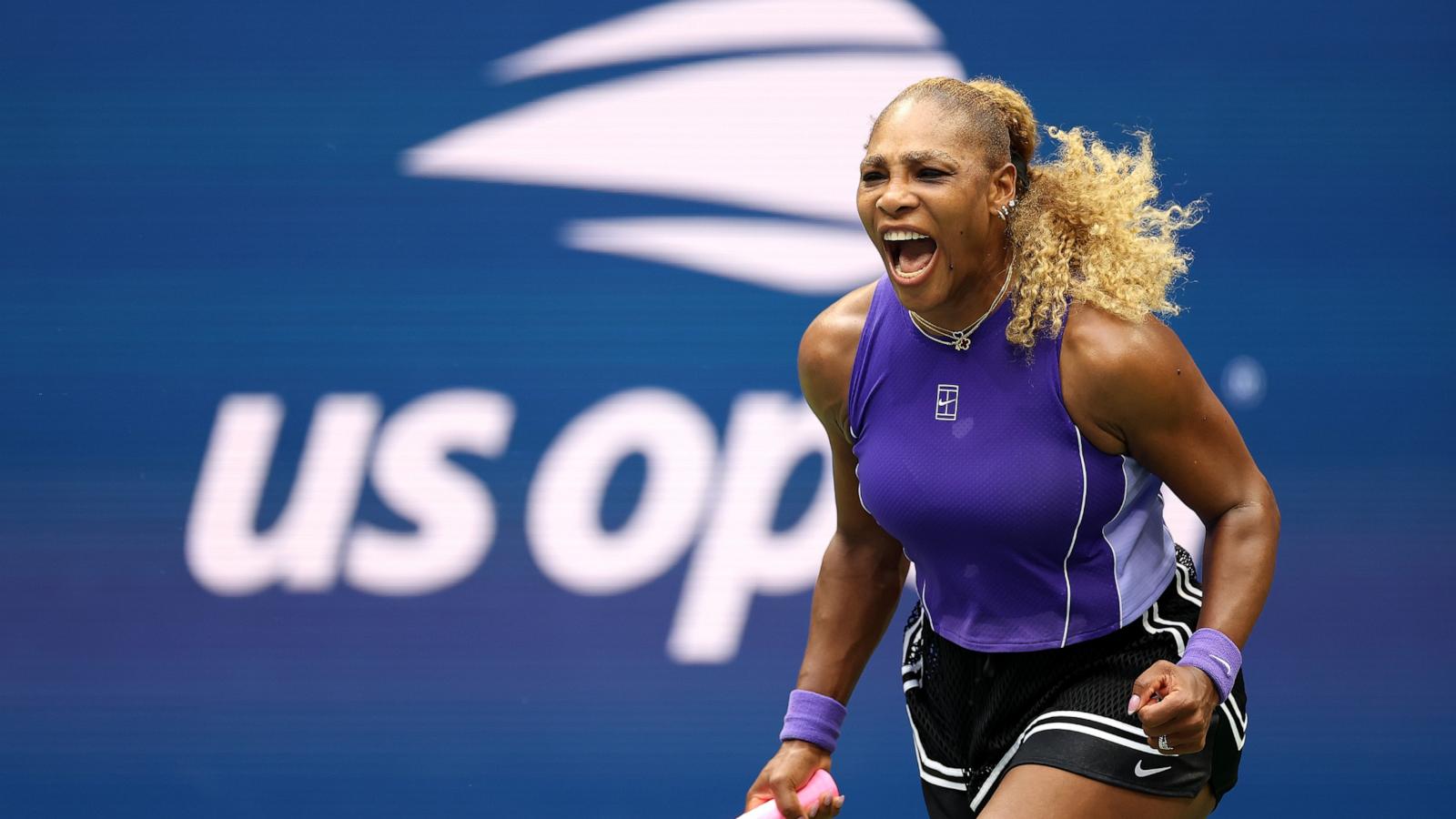 Serena Williams of the United States reacts with partner Carlos Alcaraz of Spain during Fan Week on August 25, 2026 in the Flushing neighborhood of the Queens borough of New York City.