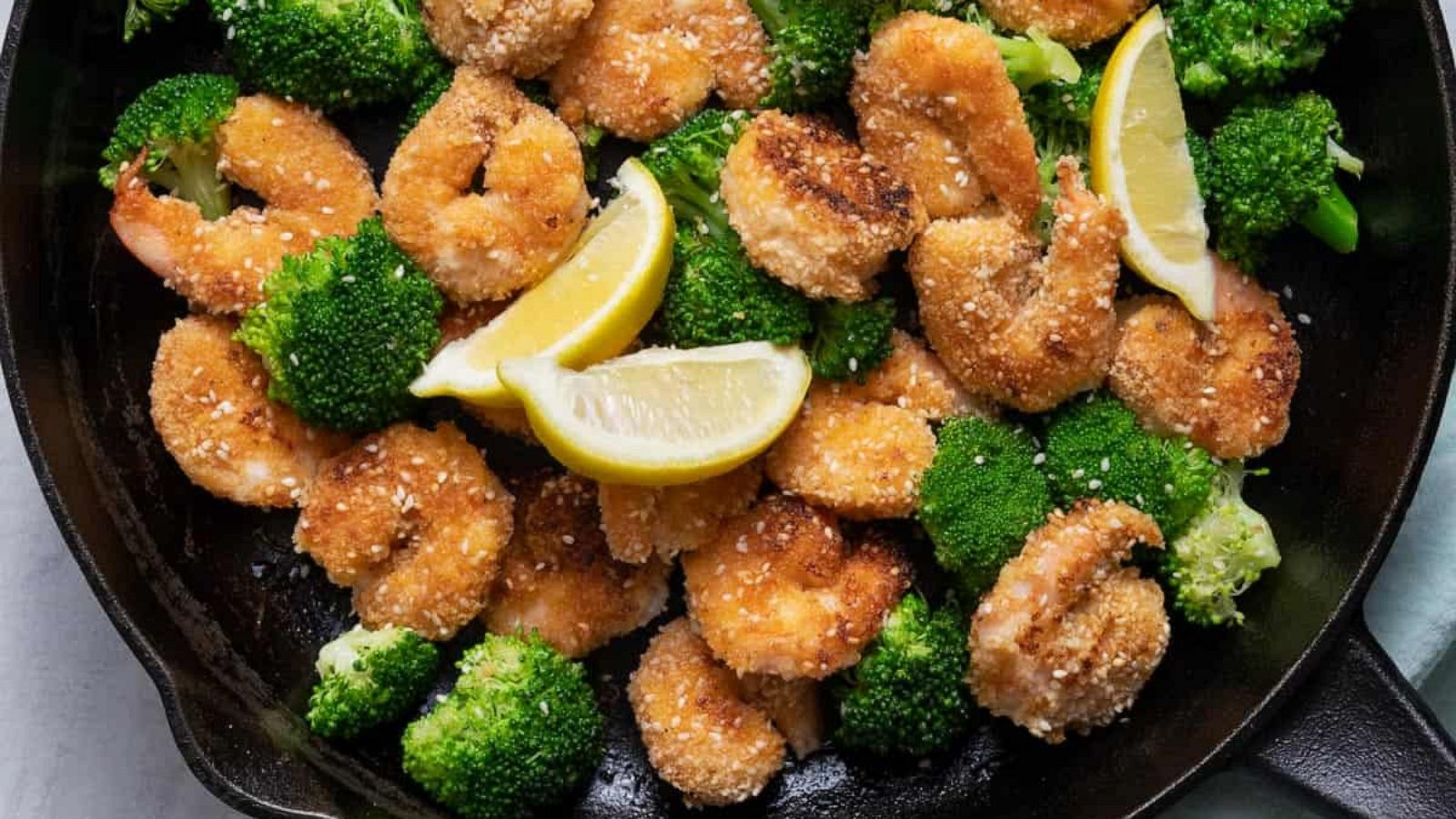 PHOTO: Panko-crusted sesame shrimp with broccoli.