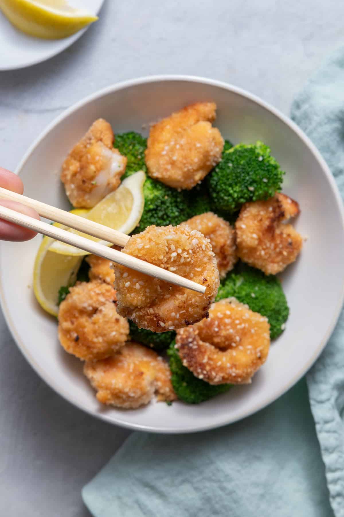 PHOTO: A bowl of crispy sesame shrimp and broccoli. 