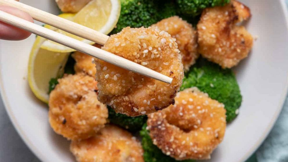 PHOTO: A bowl of crispy sesame shrimp and broccoli. 